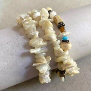 VINTAGE River Stone Turquoise Beads Stone Triple Chain Silver Bracelet BOHO